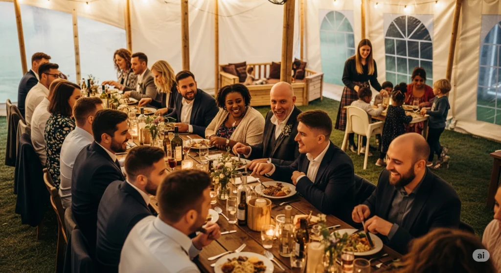 A professional mobile crèche set up in a decorated event marquee where a dedicated staff member provides on-site childcare for children during a wedding or corporate function.