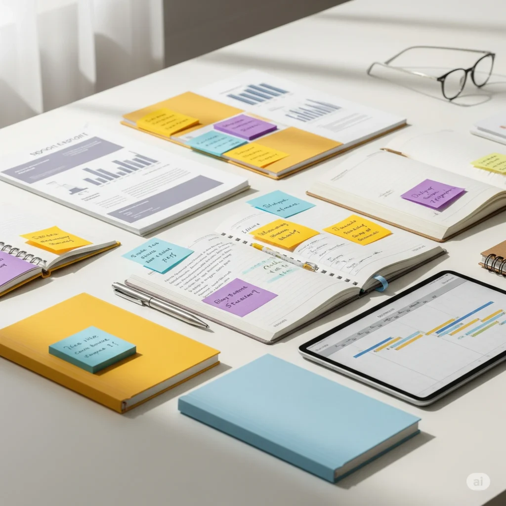 Organised desk with notebooks, digital tablets, and colourful sticky notes representing strategic planning and consultancy for childcare businesses.