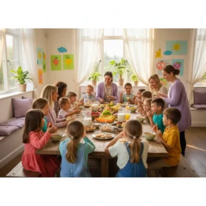 A group of happy children and smiling staff members sitting together at a long wooden table, enjoying a healthy breakfast and positive social interactions in a bright, airy room.