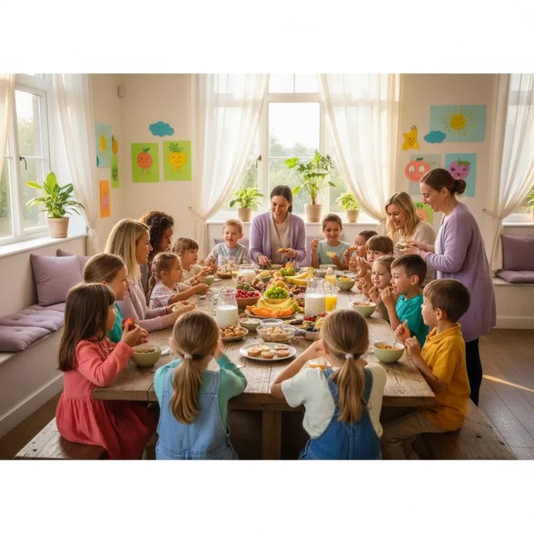 A group of happy children and smiling staff members sitting together at a long wooden table, enjoying a healthy breakfast and positive social interactions in a bright, airy room.