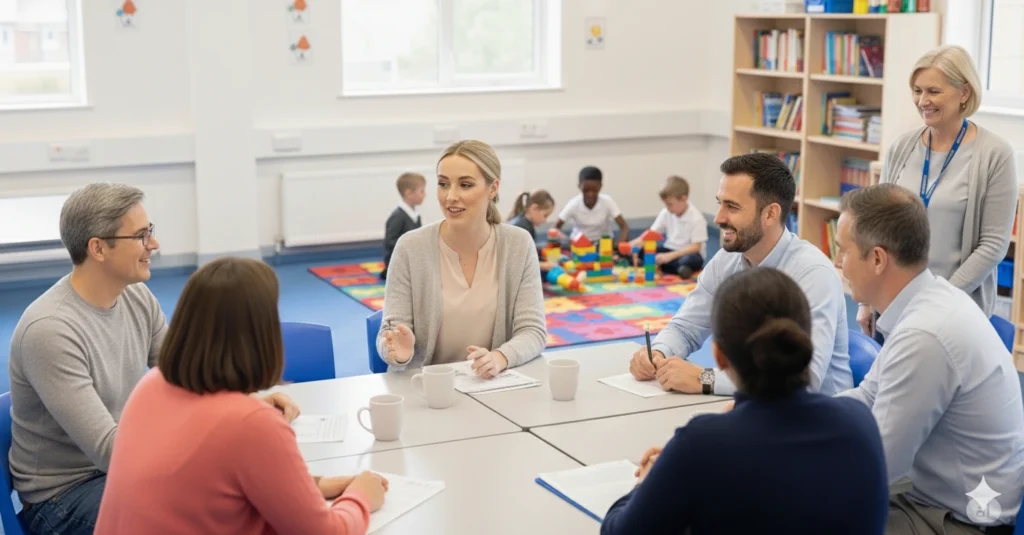 A professional team of childcare consultants meeting in a bright office to process PVG scheme applications and updates for employees in Aberdeen.