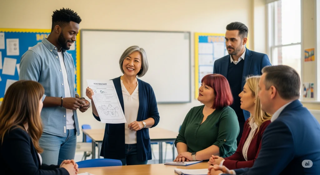 A diverse group of childcare professionals in a bright classroom setting engaged in a collaborative workshop, with a leader presenting expert strategies for out-of-school clubs and family centres.