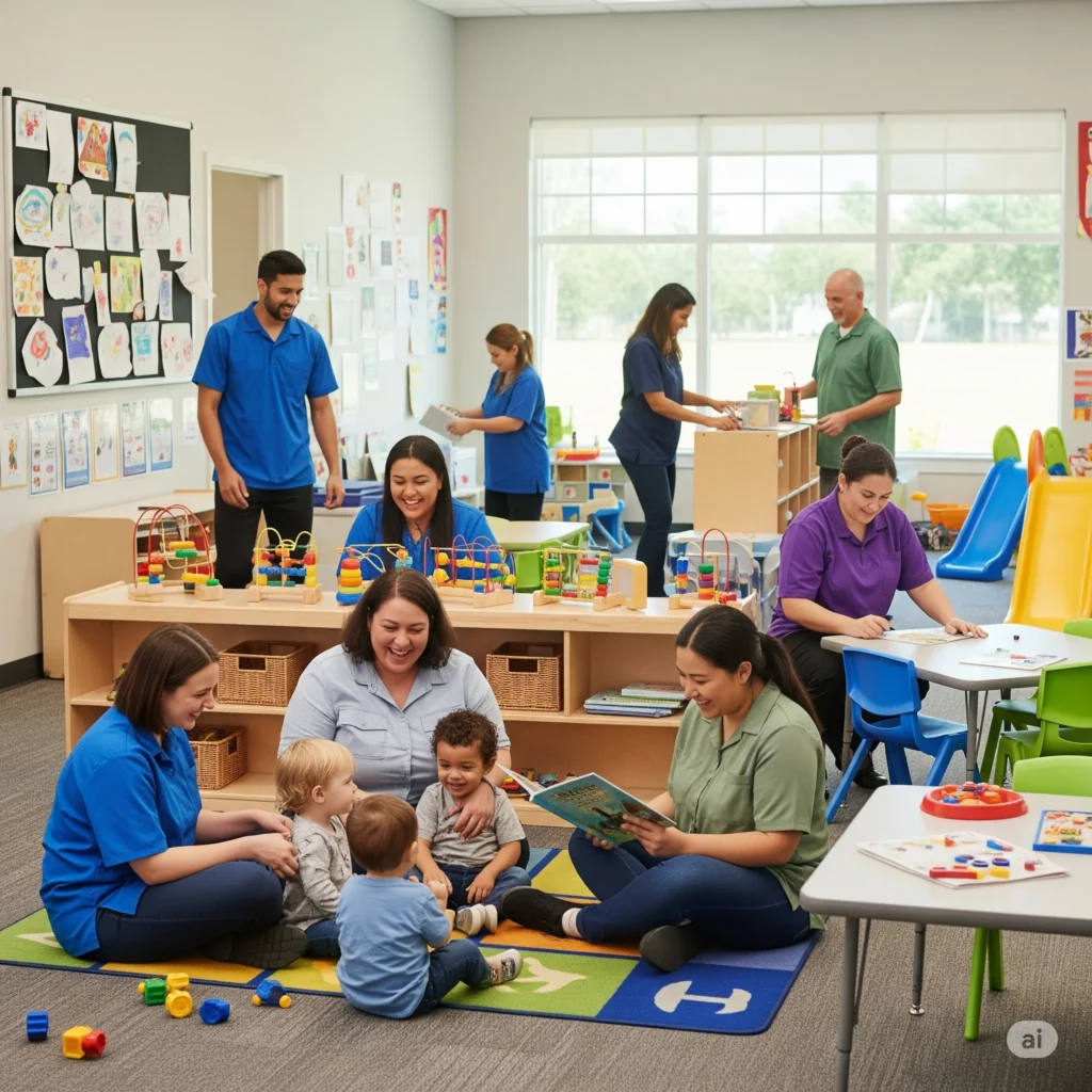 A diverse group of qualified and smiling childcare practitioners interacting with toddlers in a bright, modern nursery setting.