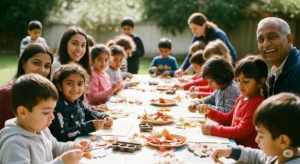 A diverse group of school-aged children engaged in various autumn activities, including painting with leafs, as well as arts and crafts with leafs.